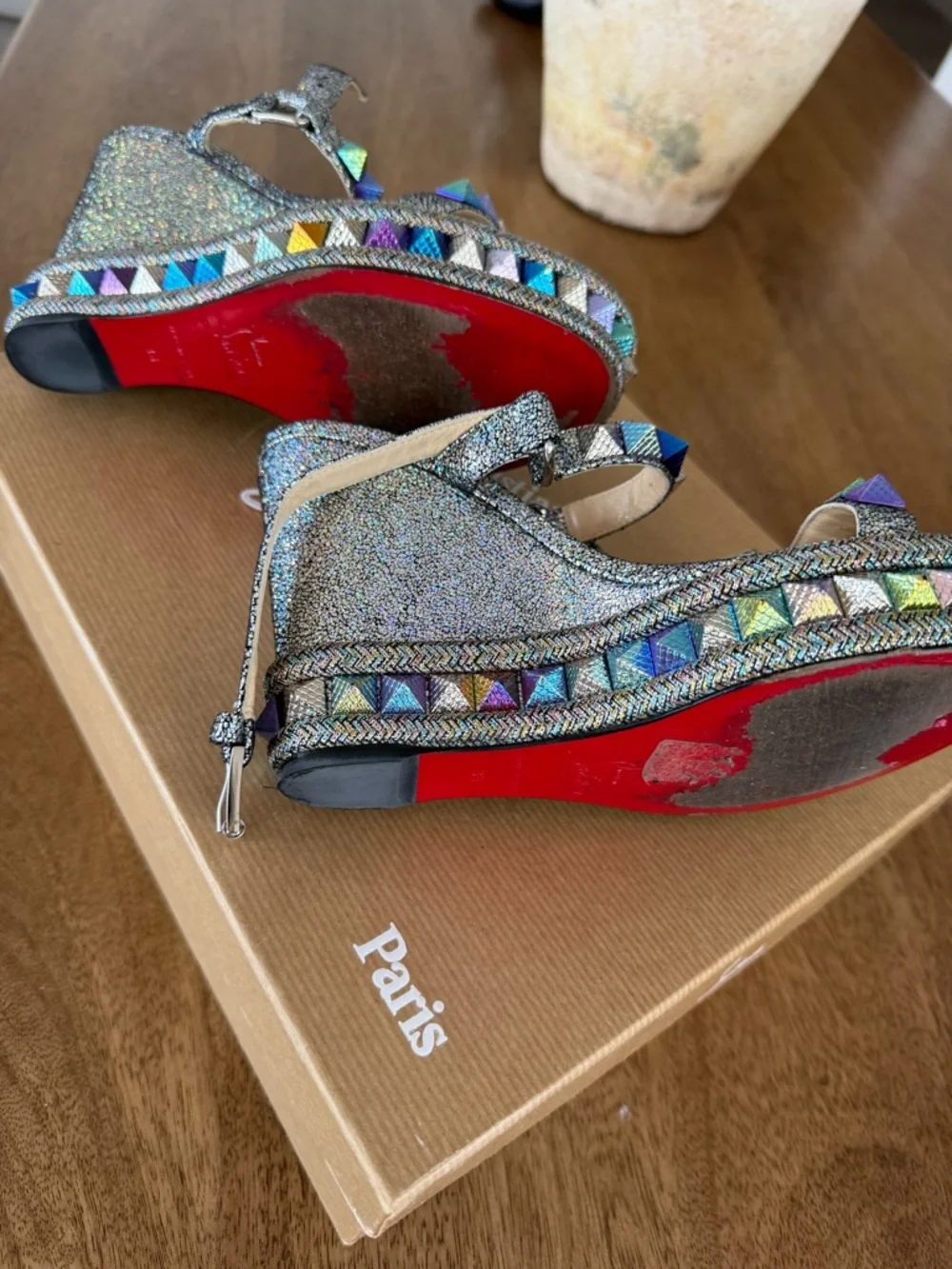 Christian Louboutin Metallic Multicolor Pyramid-Stud Platform Sandals - Picture 5 of 7